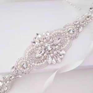 White Crystal Beaded Wedding Bridal Belt Sash, Bridesmaid, Flower Girl